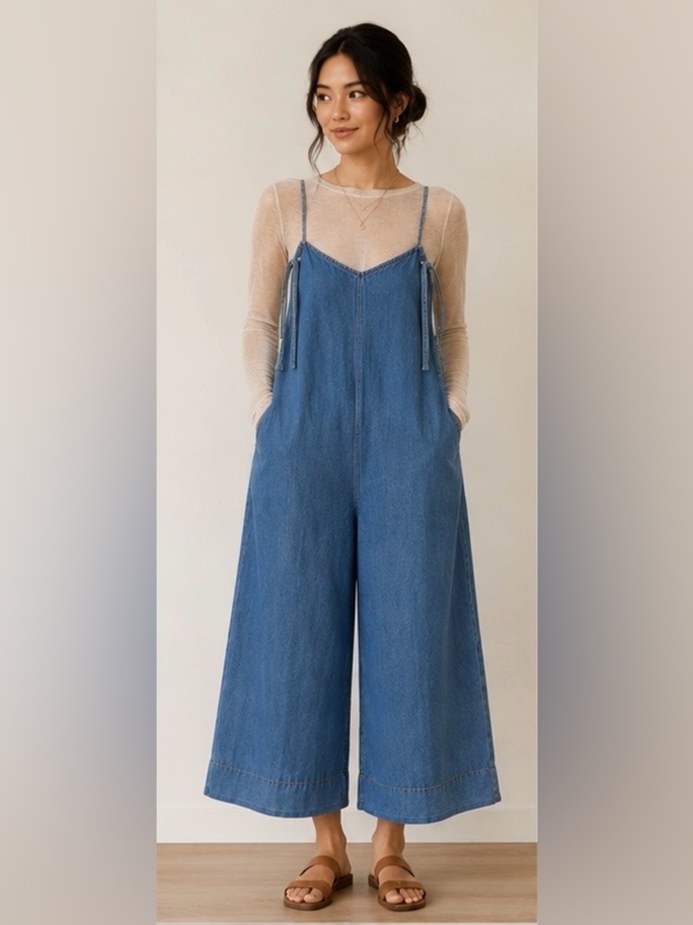 FARM Rio Chambray Denim Wide Leg Cropped Jumpsuit Open Back Tie Strap Size P